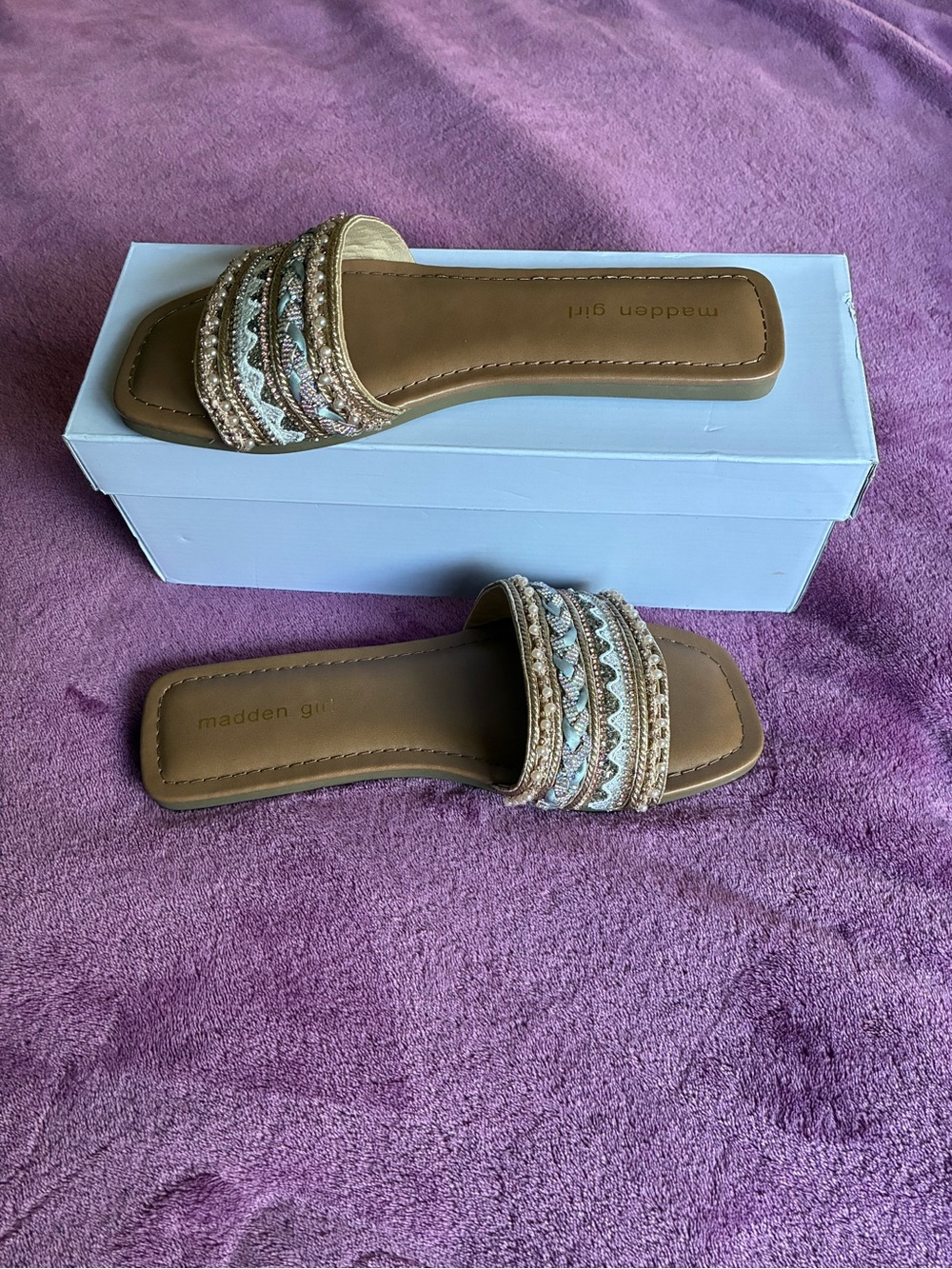 Madden Girl Brown Braided Beaded Slide Sandals